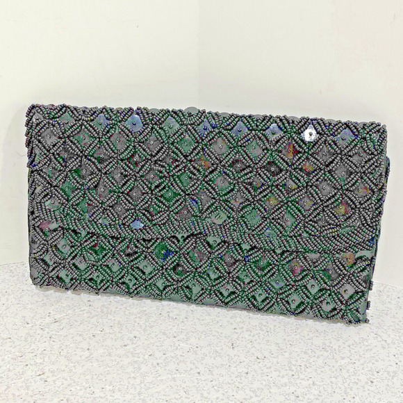 Vintage Mid Century Black Satin Sequins & Beaded Dressy Purse Made in Hong Kong - Picture 1 of 8